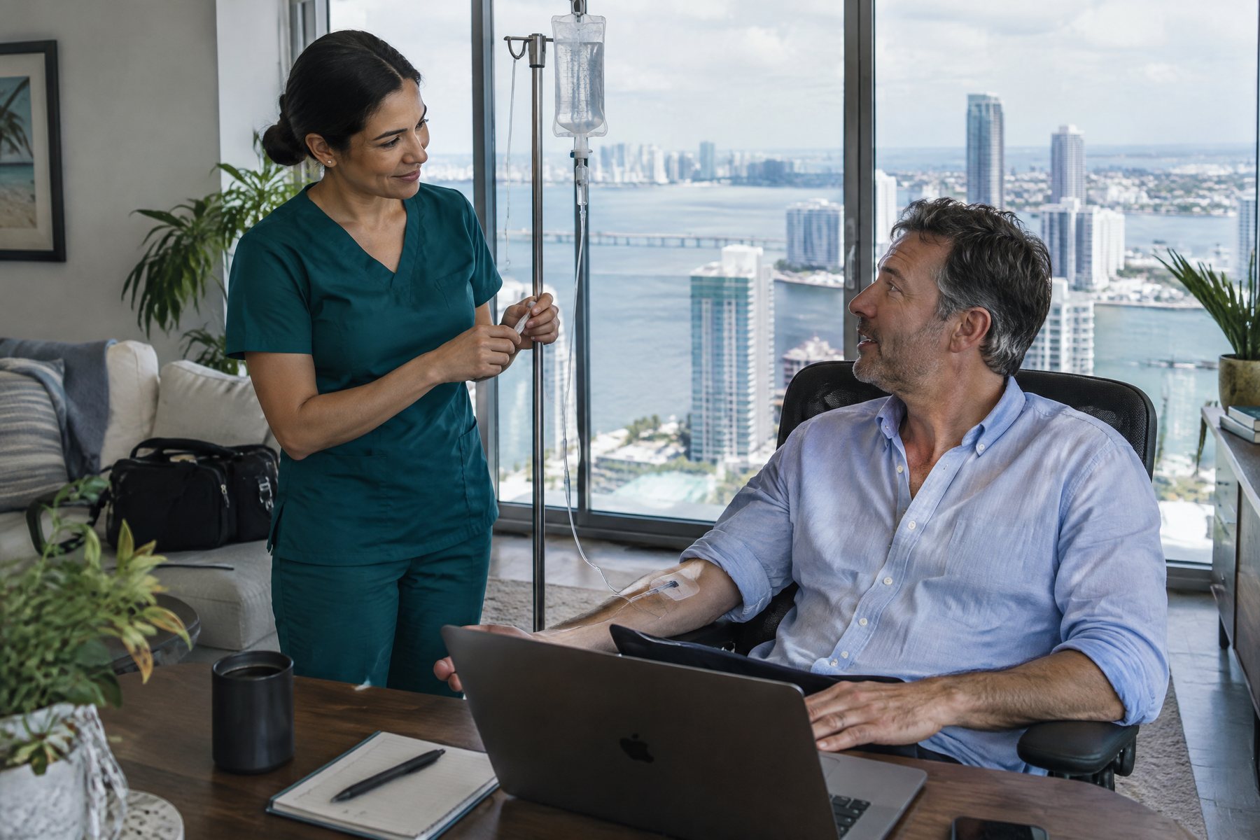 A licensed medical professional adjusting an IV line for a man working at his laptop in his Miami home office