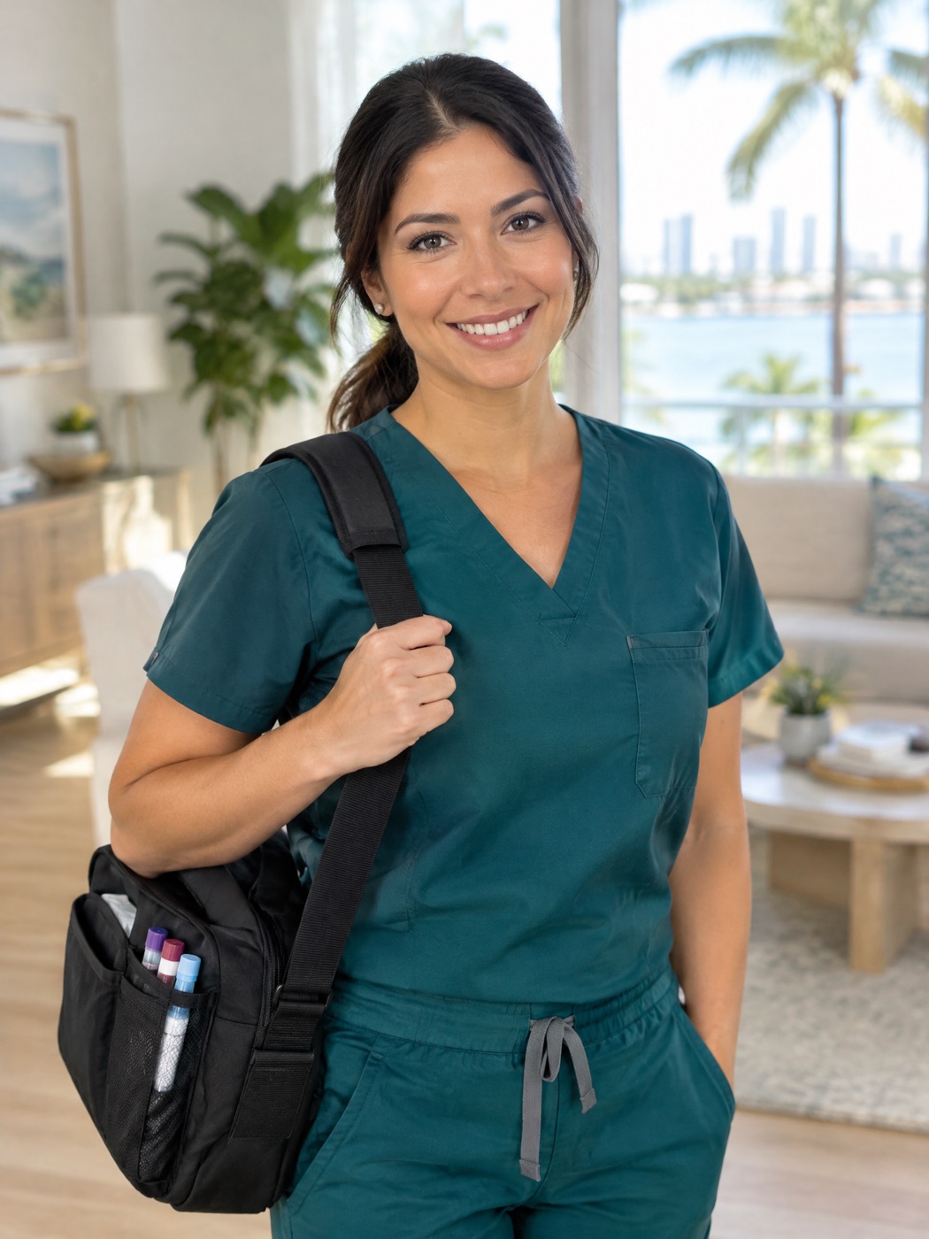An IVR Health Group licensed medical professional in dark teal scrubs with her medical bag in a bright Miami living room